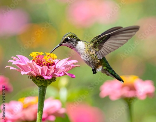 A hummingbird hovers in flight, sipping nectar from a vibrant pink zinnia blossom, blurred background of various colors