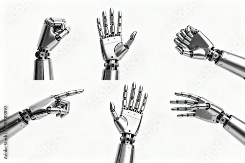 Six Silver Robotic Hands in Various Poses