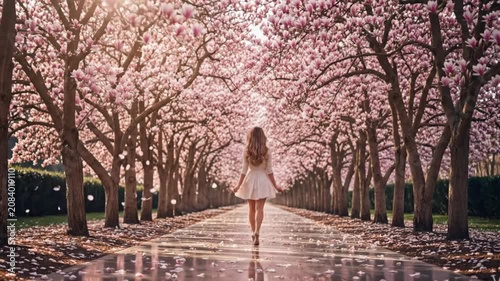 A woman walks along a cherry blossom lined avenue during spring, creating a peaceful seasonal scene with blooming trees and reflective wet pavement