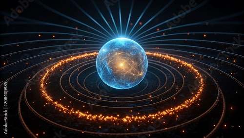 Cinematic 3D visualization of a glowing magnetic field sphere with orbiting particles in deep dark space