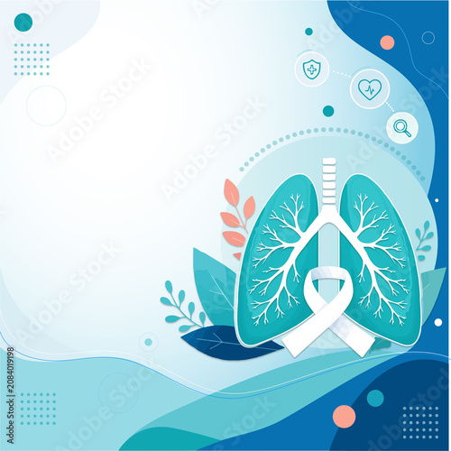Editable Lungs Background Design for Instagram Post with Empty Space Area for Additional Text. Blue Medical Background Human Lungs Illustration with Awareness Ribbon for Health Awareness Campaign