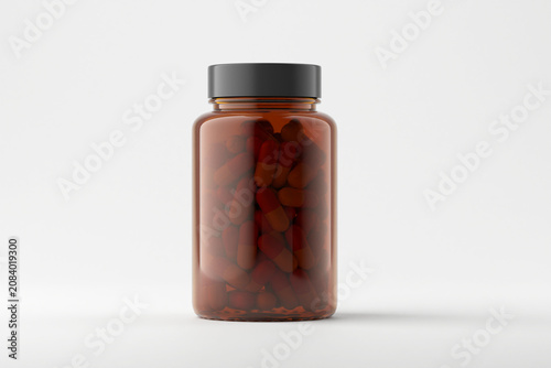 Amber glass bottle for Supplement pill red capsules mockup 3d rendering