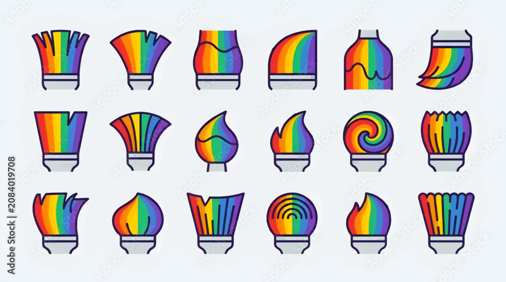 Fototapeta premium Set of Flat Design Paintbrush Icons with Rainbow Bristles, Grid Layout, Creative Art and Design Elements, Vector Illustration