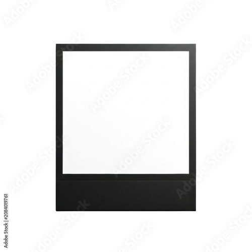 Blank instant photo frame (polaroid style) with thick matte black borders and empty white aperture, centered flat lay on a bright white high-key background. Concept of design copy space mockup