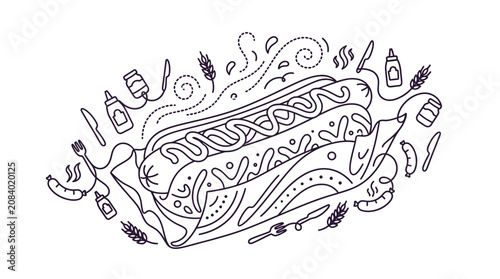 Minimalist black and white line art illustration featuring a large hot dog with mustard in a bun, wrapped in patterned paper, decorated with condiment icons, steam, and cutlery.