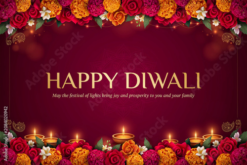 Happy Diwali greeting card with floral border, festive Indian festival background with marigold flowers and oil lamps, elegant deep red celebration banner