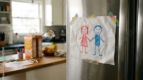 Child's simple crayon drawing of two smiling stick figures holding hands, taped to a refrigerator