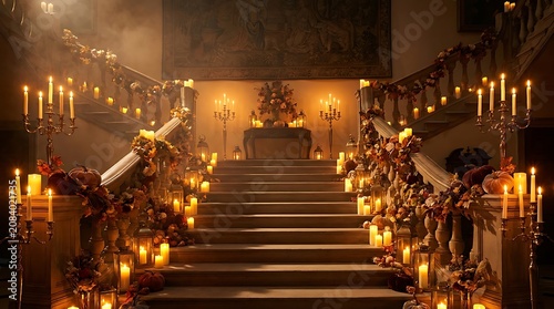 Candles lit on a grand staircase with ornate decorations and a chandelier