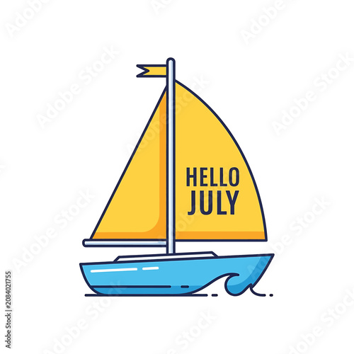 Yellow Sailboat with Hello July Text.