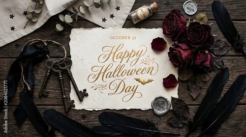 Happy halloween day celebration with pumpkins and decorations on wooden table