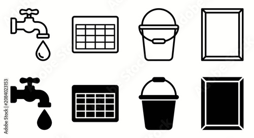 Water tap, calendar grid, bucket, and frame icons in simple design