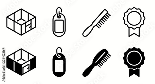 Set of black and white icons: buildings, dog tags, combs, and award ribbons