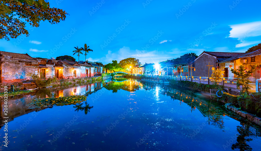 Fototapeta premium The blue-hour scenery of Nanshe Ancient Village in Chashan, Dongguan, Guangdong.
