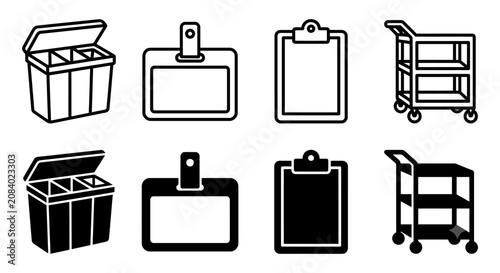 Collection of office supply icons: storage box, badge holder, clipboard, utility cart