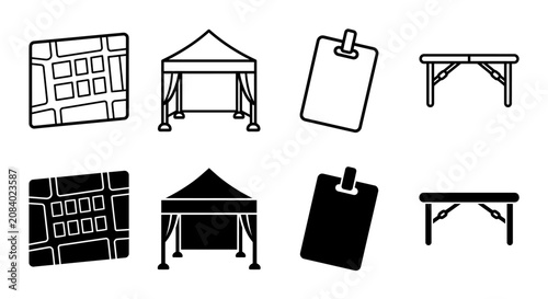 Event essentials icons: map, tent, badge, table in black and white