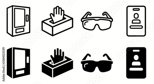 Set of eight black and white icons: vending machine, tissue box, sunglasses, id badge