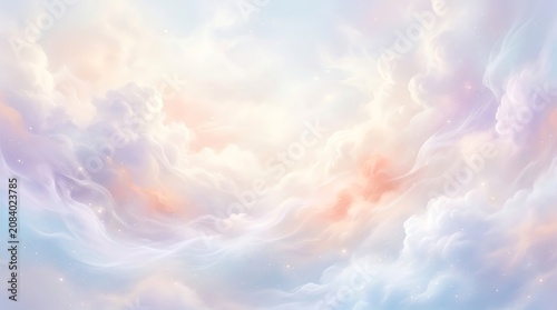 Soft pastel clouds in a dreamy sky with gentle light and sparkling stars background
