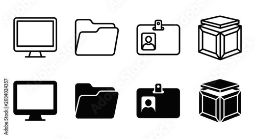 Computer icons: monitor, folder, id badge, box - black and white vector set