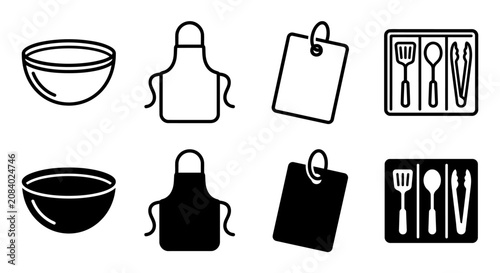 Kitchen utensils and accessories: bowls, aprons, cutting boards, utensil tray