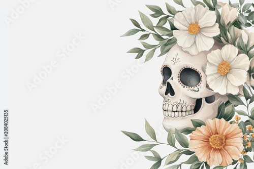 Artistic skull adorned with flowers and foliage