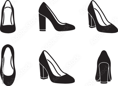 Black high heel shoe vector icons in multiple perspective views