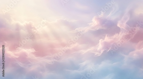 Soft pink and blue sunset sky with fluffy clouds and glowing sun rays