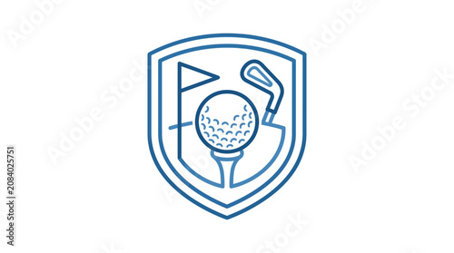 Blue line art golf emblem featuring a golf ball on a tee, a flagstick, and a golf iron club head within a classic crest shield shape, isolated on a white background for sports branding.