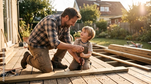 Father and young son using power drill for wooden deck construction in backyard