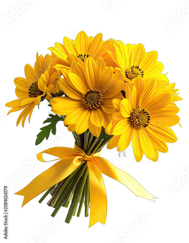 A vibrant bouquet of yellow daisies tied with a golden ribbon against a black background.