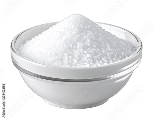 A clear glass bowl filled with coarse sea salt.