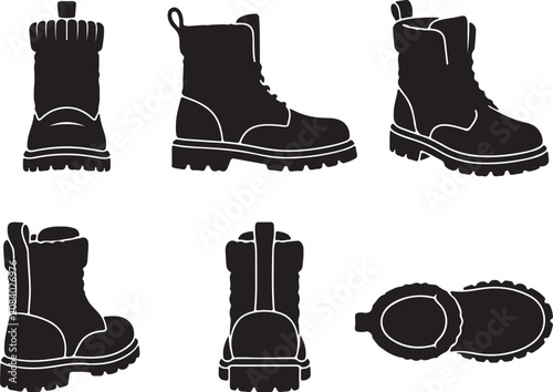 Black Winter Boot Silhouette Icons Collection With Various Angles