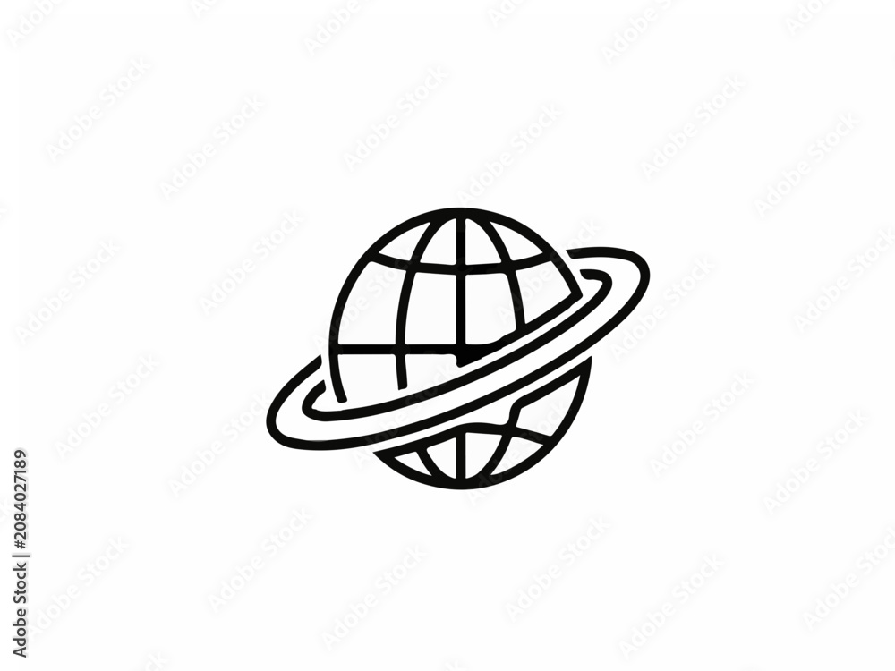 Fototapeta premium Minimalist Black Line Art Globe Icon with Orbital Ring Isolated on White Background for Web Design