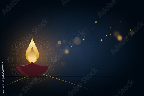 Traditional Diwali diya lamp with golden flame, glowing oil lamp on dark blue background, spiritual festival of lights celebration banner