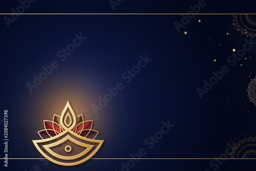 Elegant Diwali background with golden diya lamp, dark blue festive greeting card template, traditional Indian festival of lights celebration