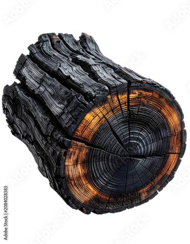 A close-up of a charred wood log showing intricate textures and warm amber tones against a black background.