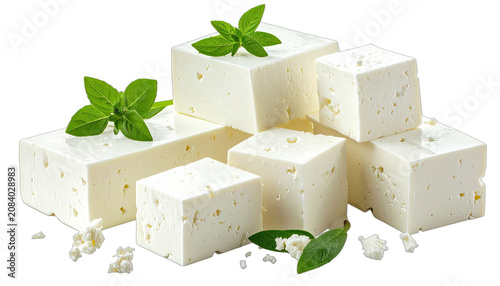 Fresh cubes of white feta cheese garnished with basil leaves