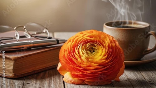 Orange ranunculus flower beside a steaming coffee cup and books on a wooden table, creating a warm, cozy reading atmosphere with elegant floral charm
