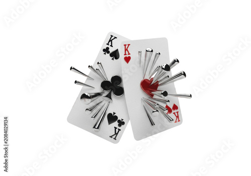 Two curved playing cards (king of clubs, king of hearts) with massive reflective chrome 3d pips and flying metallic suit fragments against a stark white background. Abstract dynamic concept of chance