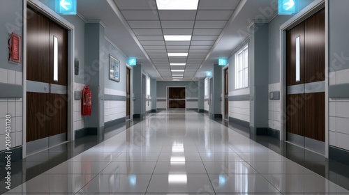 Polished Healthcare Corridor with Bright Lights and Clean Surfaces in Modern Medical Facility