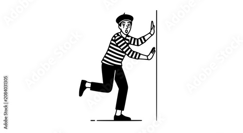 Mime Artist Pushing Against Invisible Wall, Black and White Illustration