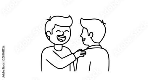 Two happy friends sharing a laugh, one puts hand on shoulder, friendly gesture, simple line art illustration