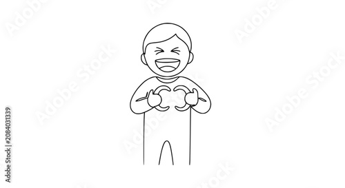 Happy Child Drawing Heart Shape With Hands, Outline Illustration