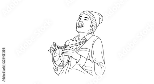 Young woman laughing heartily, holding a camera strap, wearing a beanie and shirt