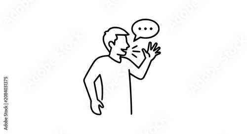 Man Speaking and Waving Hand, Communication Icon, Simple Line Art