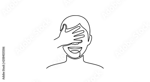 Peekaboo Fun: Hand Covering Smiling Face, Continuous Line Art, Playful Surprise