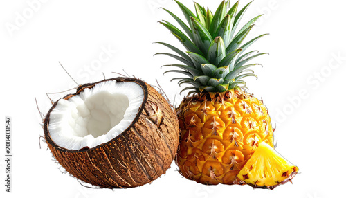 A halved coconut and a whole pineapple with a slice are displayed against a black background.