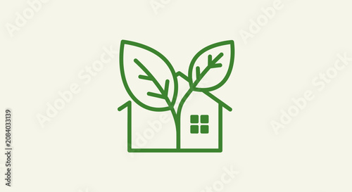 A green house with leaves growing out of it symbolizes eco-friendly living.