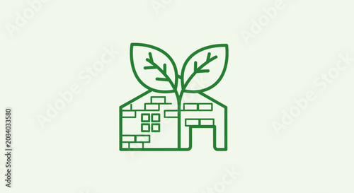 A green line drawing of a house with a plant growing out of it represents eco-friendly architecture.