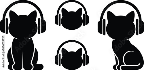 Obraz na plátně Collection of black cat icons wearing headphones in sitting and head poses