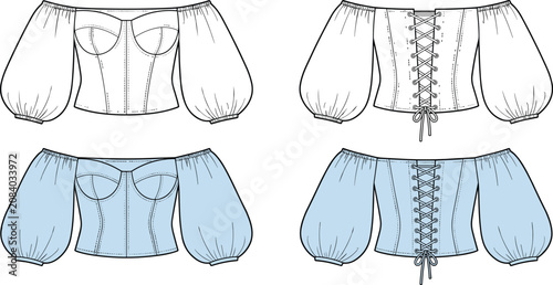 Fotografía Technical fashion of off-shoulder corset tops with puff sleeves and back lace-up